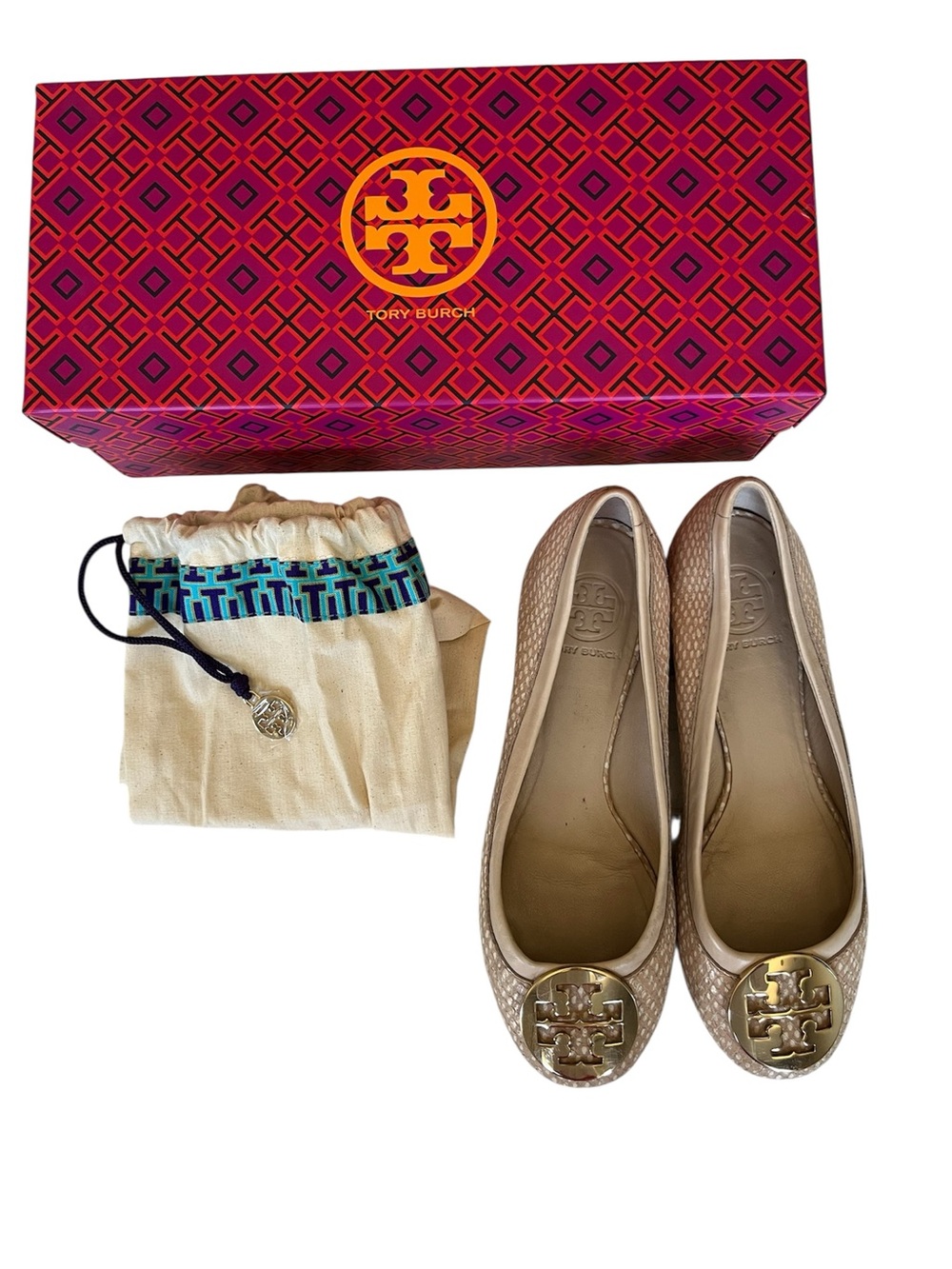 Tory Burch Jolie Ballet Flats Clay Pink Snakeskin Embossed Leather 7M Gold Logo
